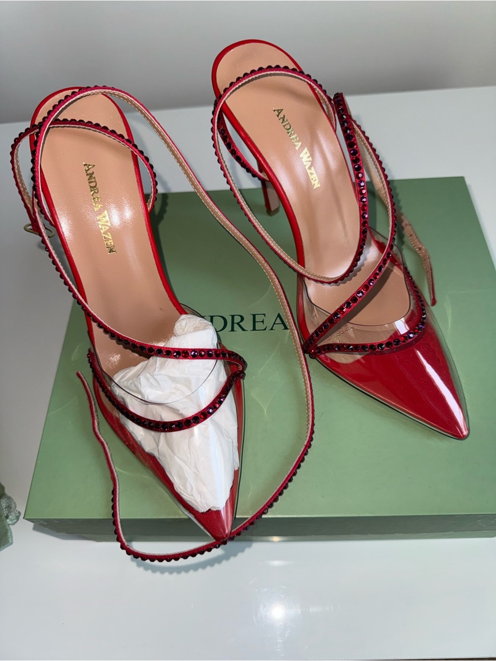 Andrea Wazen Dassy Sunset Red Patent Crystal-Strap Pointed Toe Heels